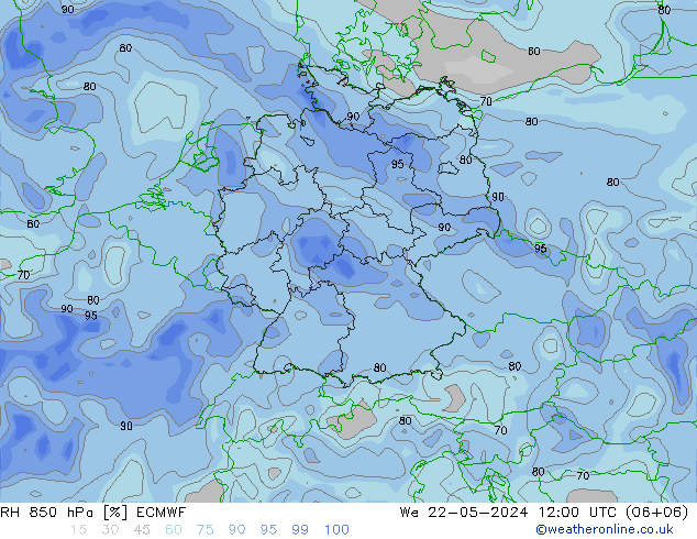 Humedad rel. 850hPa ECMWF mié 22.05.2024 12 UTC