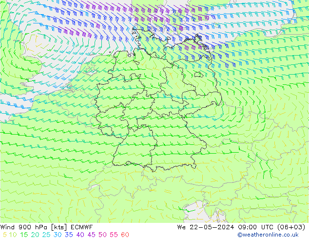 风 900 hPa ECMWF 星期三 22.05.2024 09 UTC