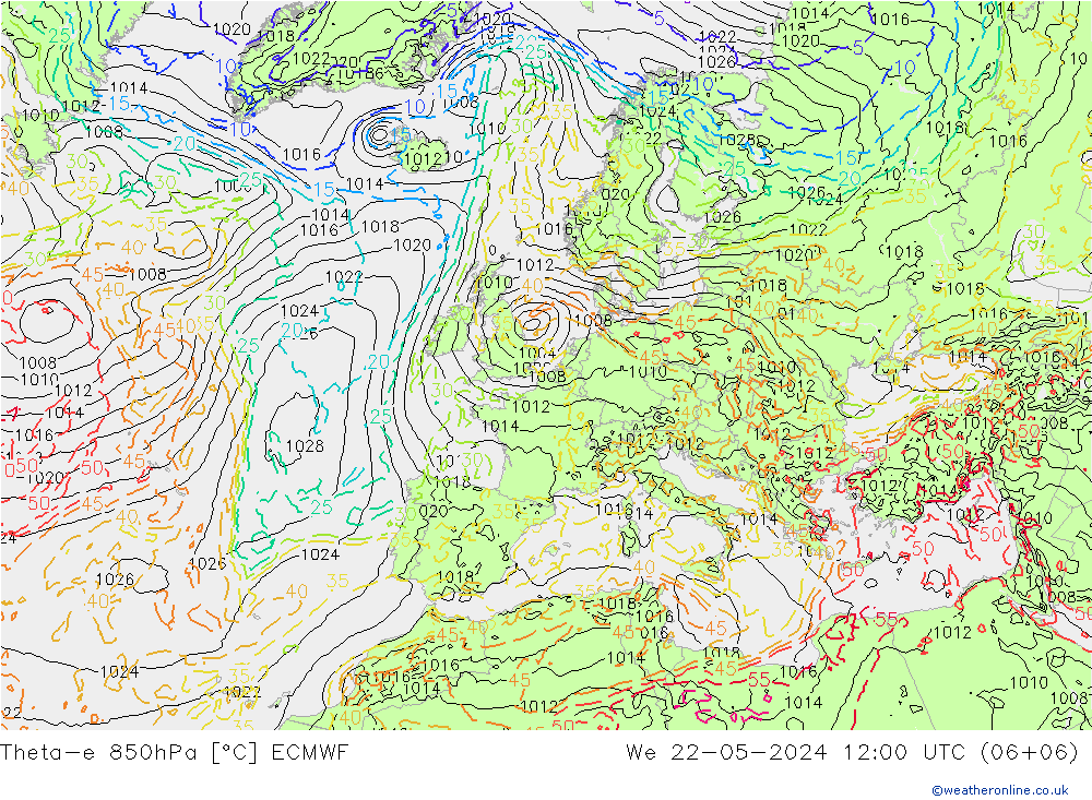 Theta-e 850hPa ECMWF Mi 22.05.2024 12 UTC