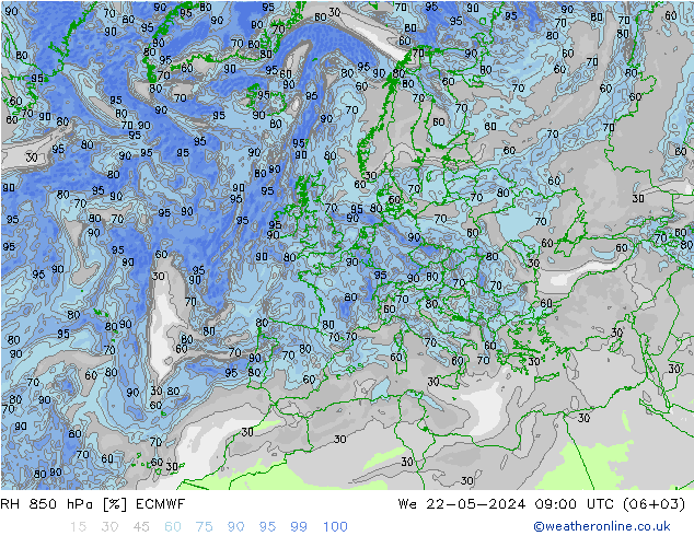 Humidité rel. 850 hPa ECMWF mer 22.05.2024 09 UTC