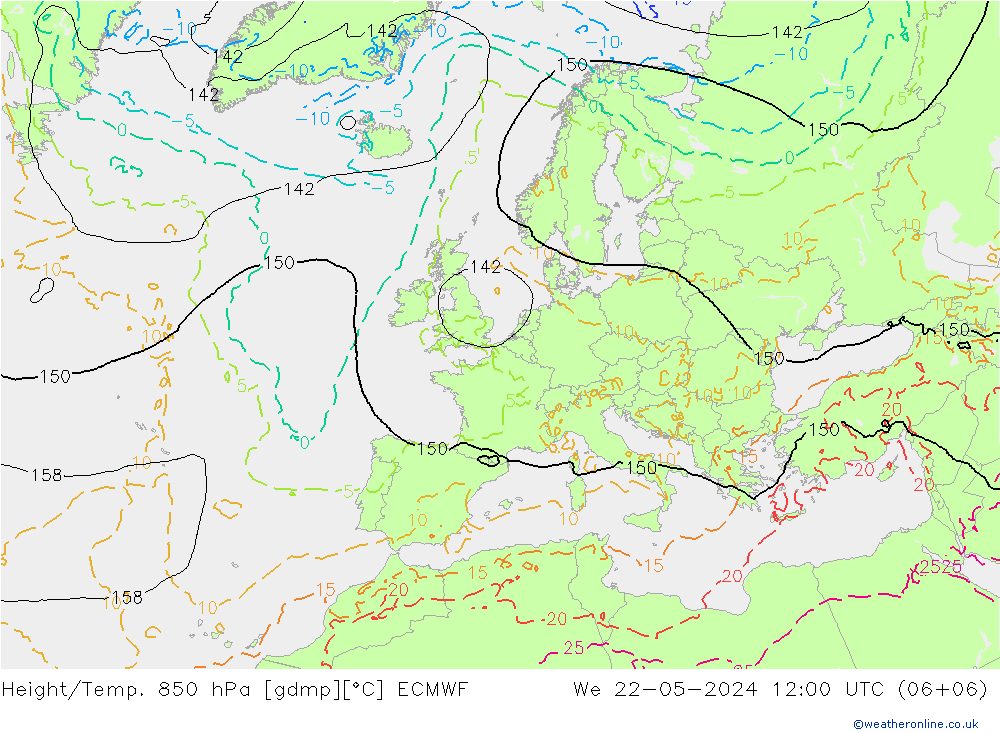 Height/Temp. 850 hPa ECMWF St 22.05.2024 12 UTC