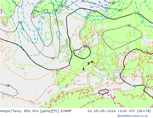 Height/Temp. 850 hPa ECMWF Sa 25.05.2024 12 UTC