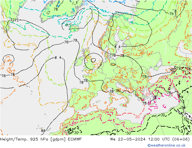 Height/Temp. 925 hPa ECMWF  22.05.2024 12 UTC