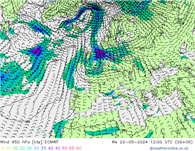 Wind 950 hPa ECMWF wo 22.05.2024 12 UTC