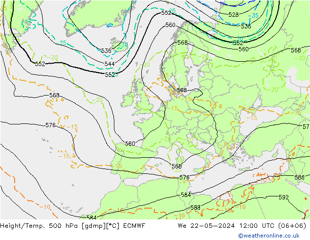 Z500/Rain (+SLP)/Z850 ECMWF Mi 22.05.2024 12 UTC