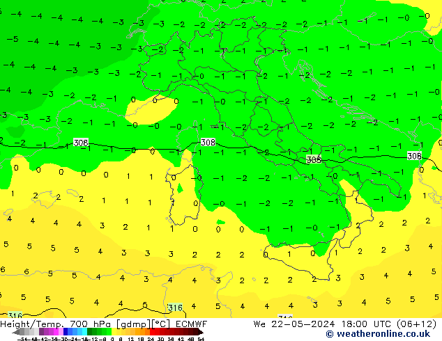 Yükseklik/Sıc. 700 hPa ECMWF Çar 22.05.2024 18 UTC