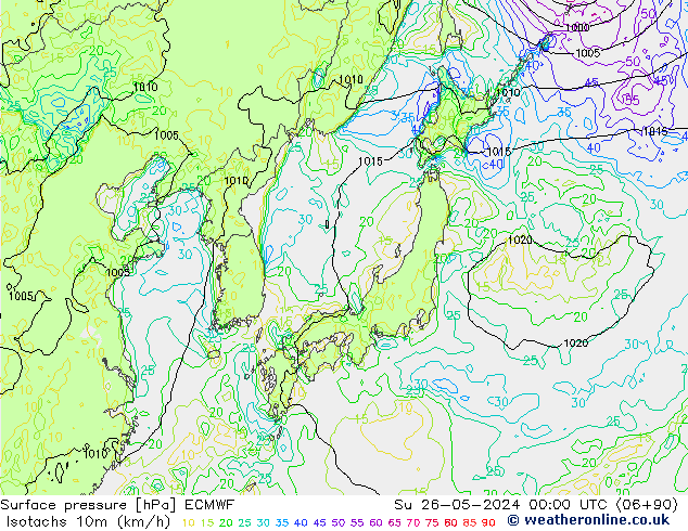 Isotachen (km/h) ECMWF zo 26.05.2024 00 UTC