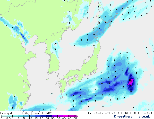 Totale neerslag (6h) ECMWF vr 24.05.2024 00 UTC