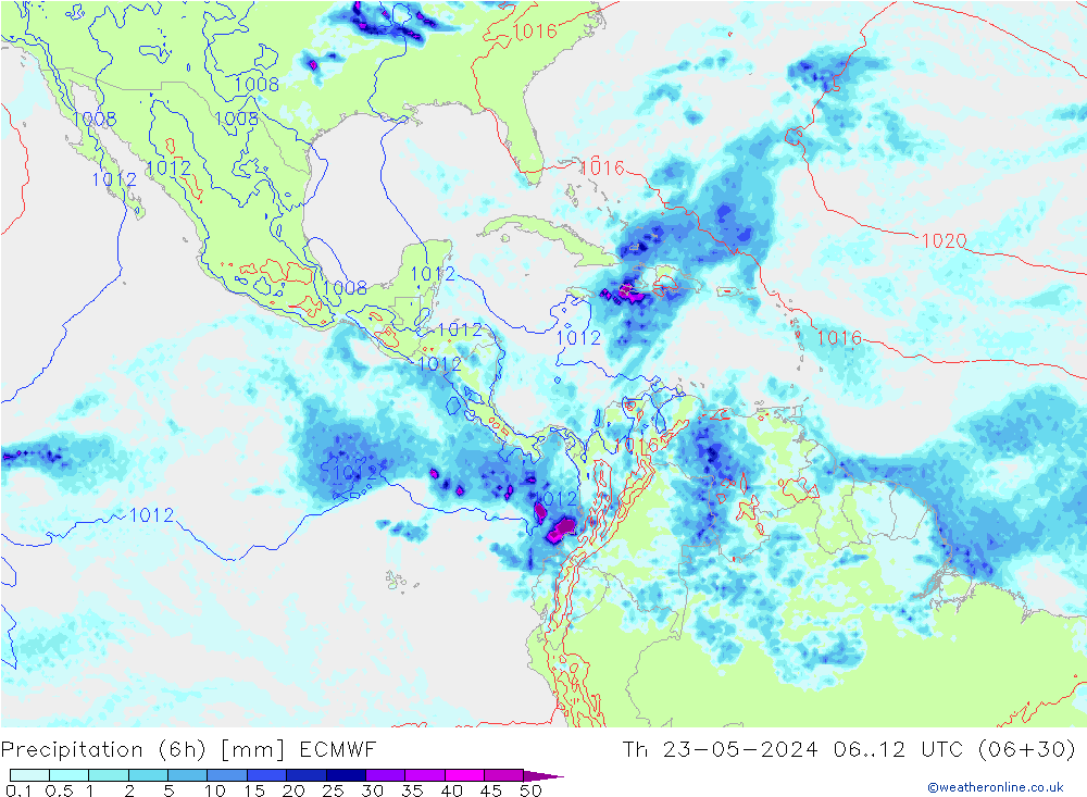 Totale neerslag (6h) ECMWF do 23.05.2024 12 UTC