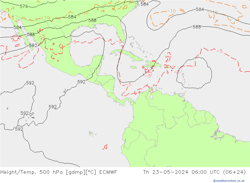 Z500/Rain (+SLP)/Z850 ECMWF jue 23.05.2024 06 UTC