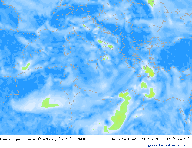 Deep layer shear (0-1km) ECMWF śro. 22.05.2024 06 UTC