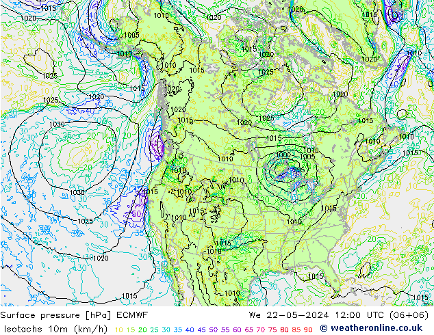 10米等风速线 (kph) ECMWF 星期三 22.05.2024 12 UTC
