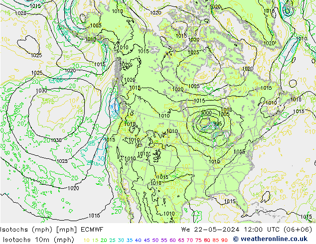 Isotachs (mph) ECMWF 星期三 22.05.2024 12 UTC