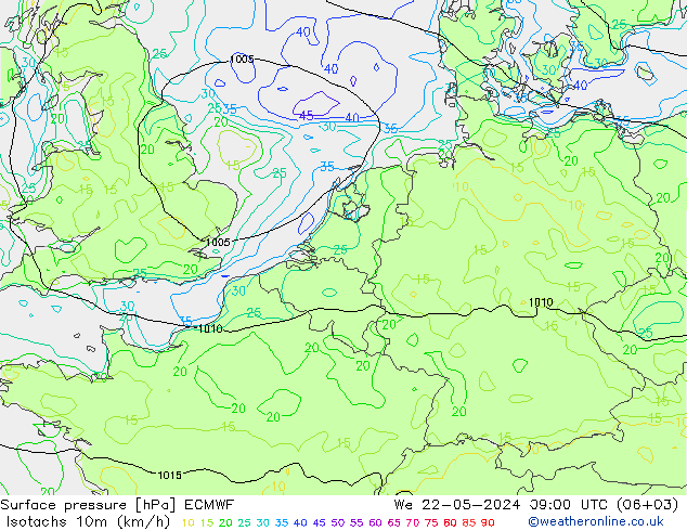 Isotachen (km/h) ECMWF Mi 22.05.2024 09 UTC