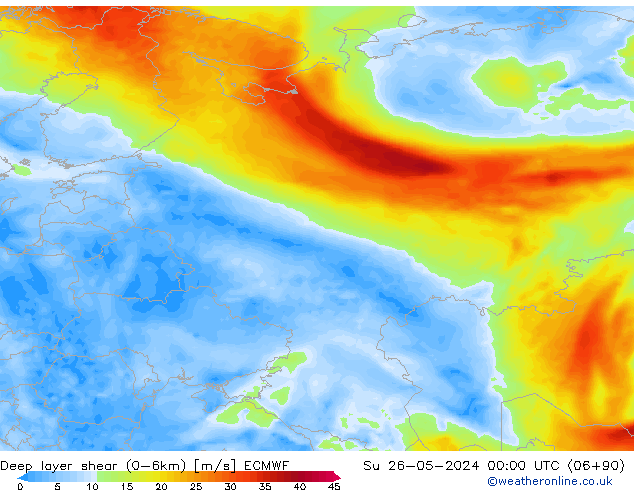Deep layer shear (0-6km) ECMWF Ne 26.05.2024 00 UTC