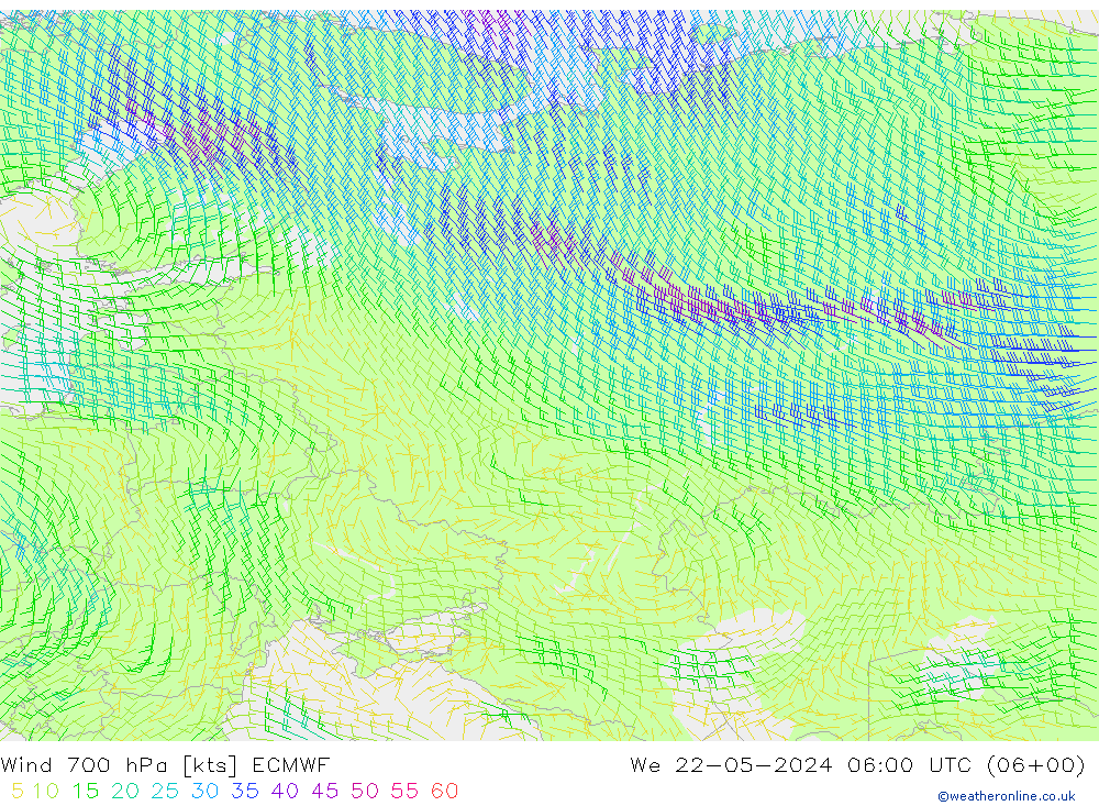 Vento 700 hPa ECMWF Qua 22.05.2024 06 UTC