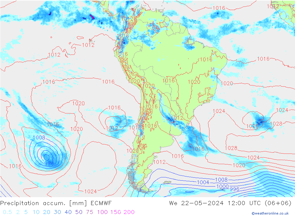 Precipitation accum. ECMWF śro. 22.05.2024 12 UTC