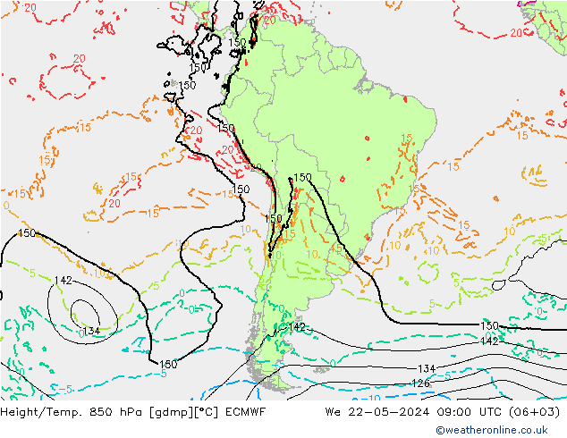 Height/Temp. 850 hPa ECMWF We 22.05.2024 09 UTC