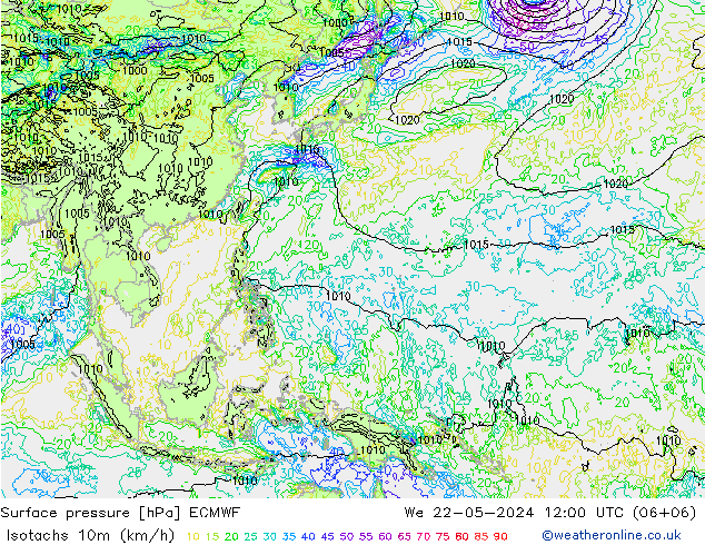 Isotachen (km/h) ECMWF wo 22.05.2024 12 UTC
