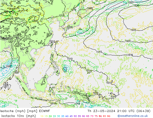 Isotachs (mph) ECMWF Th 23.05.2024 21 UTC