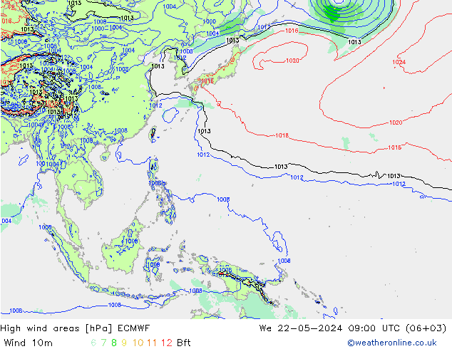 High wind areas ECMWF mer 22.05.2024 09 UTC