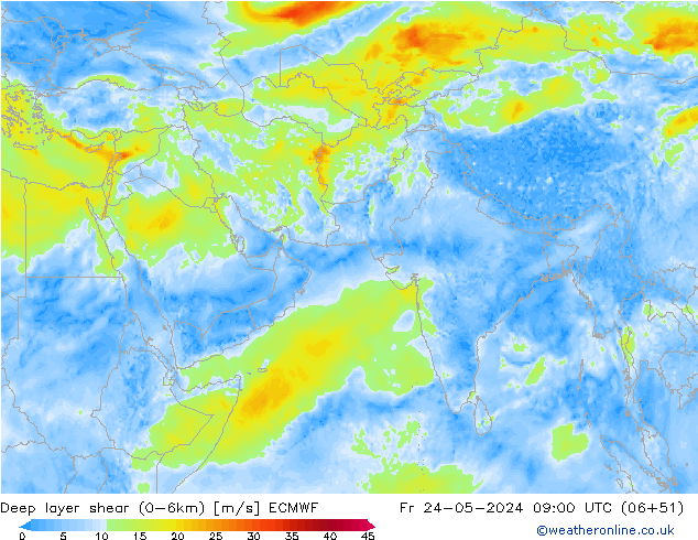 Deep layer shear (0-6km) ECMWF pt. 24.05.2024 09 UTC