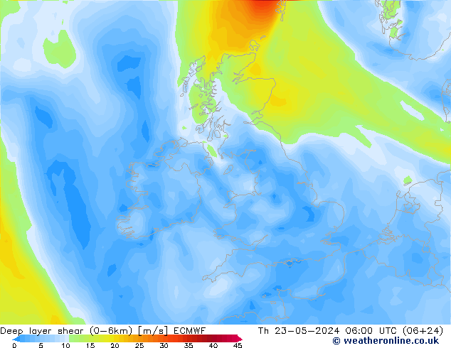 Deep layer shear (0-6km) ECMWF czw. 23.05.2024 06 UTC