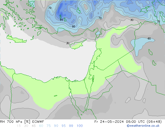 Humidité rel. 700 hPa ECMWF ven 24.05.2024 06 UTC
