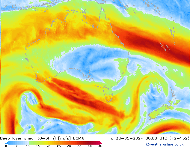 Deep layer shear (0-6km) ECMWF Tu 28.05.2024 00 UTC