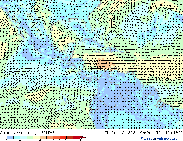 Surface wind (bft) ECMWF Th 30.05.2024 06 UTC