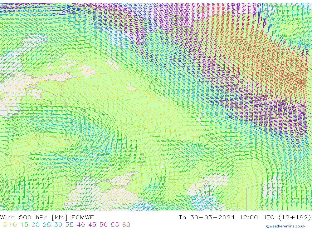 Wind 500 hPa ECMWF Th 30.05.2024 12 UTC