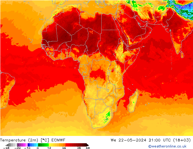 Temperature (2m) ECMWF St 22.05.2024 21 UTC