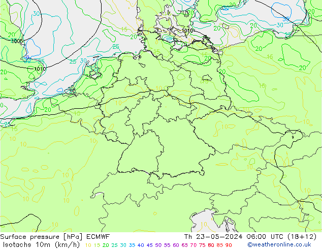 Isotaca (kph) ECMWF jue 23.05.2024 06 UTC
