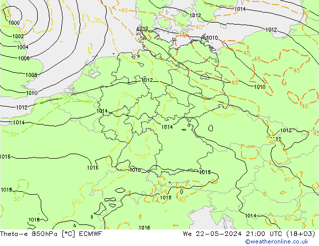 Theta-e 850hPa ECMWF mié 22.05.2024 21 UTC