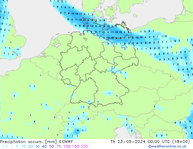 Precipitation accum. ECMWF чт 23.05.2024 00 UTC