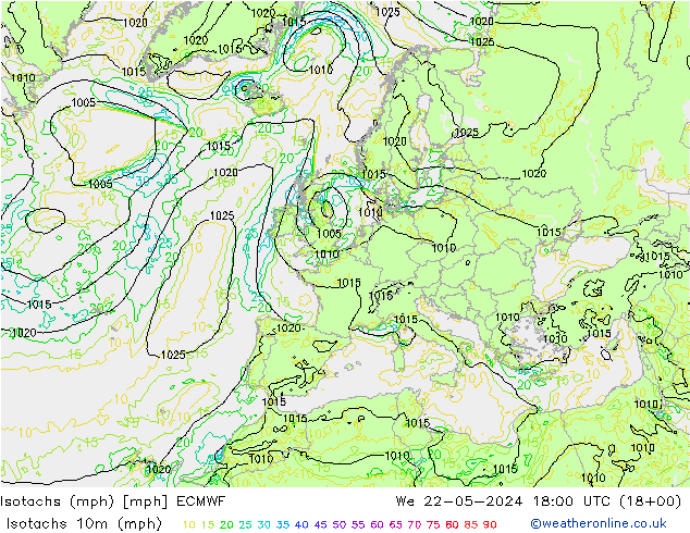 Isotaca (mph) ECMWF mié 22.05.2024 18 UTC
