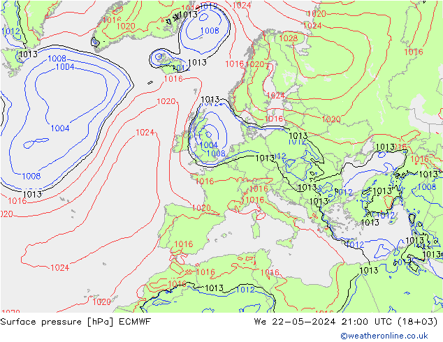 Bodendruck ECMWF Mi 22.05.2024 21 UTC
