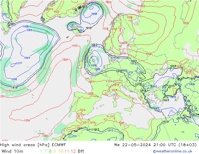 High wind areas ECMWF 星期三 22.05.2024 21 UTC