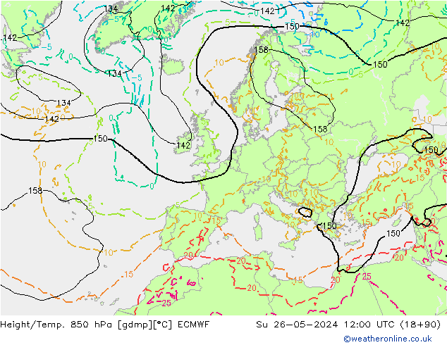 Height/Temp. 850 hPa ECMWF So 26.05.2024 12 UTC