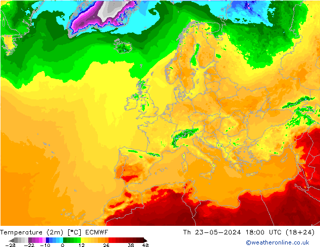 Temperatura (2m) ECMWF jue 23.05.2024 18 UTC