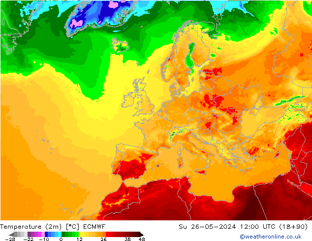 Temperaturkarte (2m) ECMWF So 26.05.2024 12 UTC