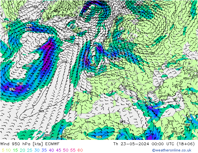 Wind 950 hPa ECMWF do 23.05.2024 00 UTC