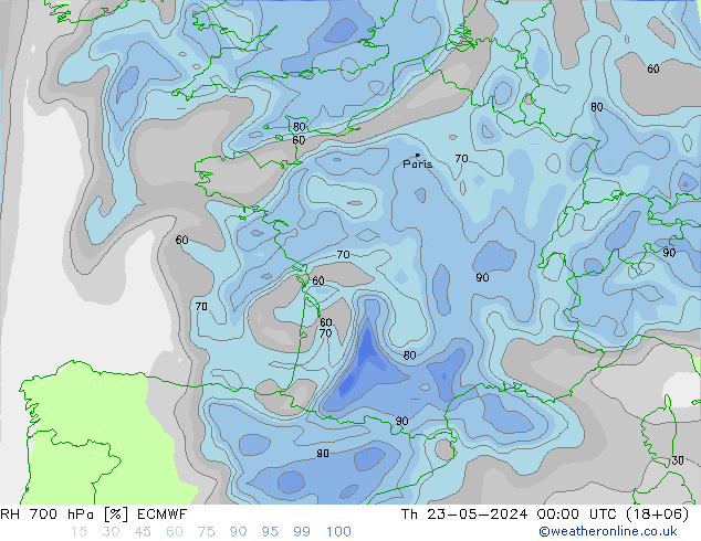 700 hPa Nispi Nem ECMWF Per 23.05.2024 00 UTC