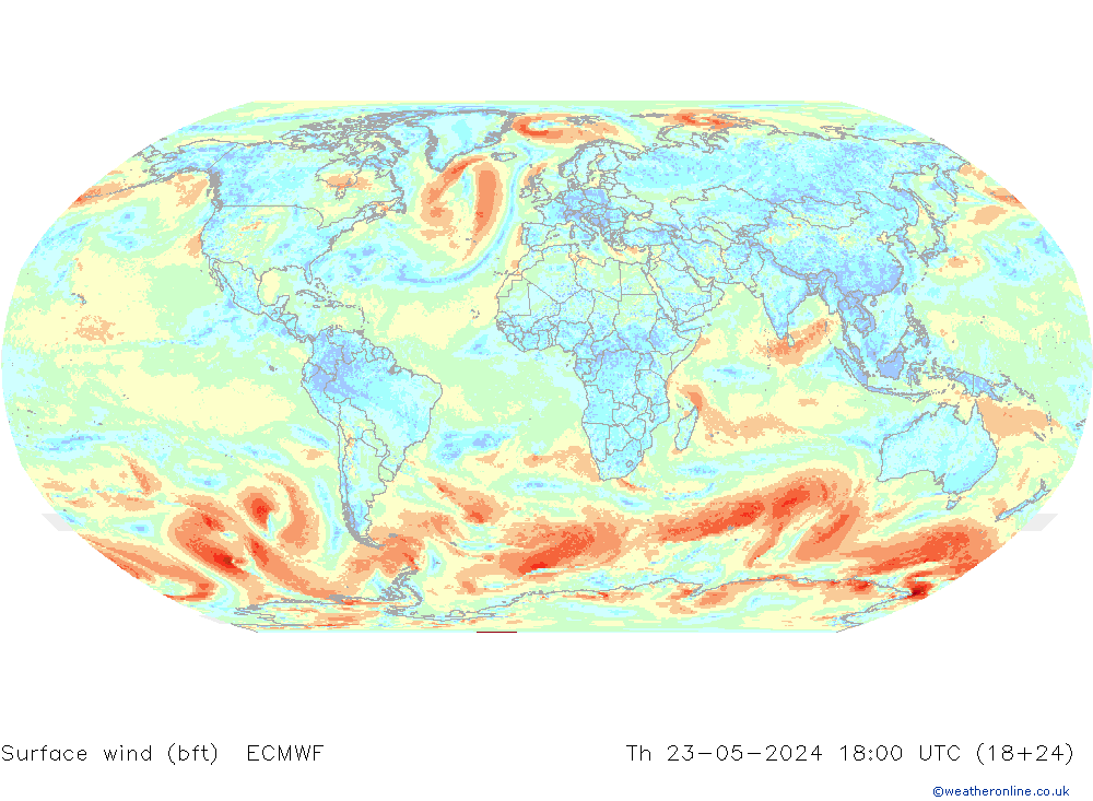 Viento 10 m (bft) ECMWF jue 23.05.2024 18 UTC