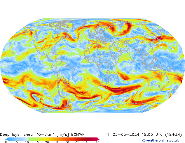 Deep layer shear (0-6km) ECMWF Do 23.05.2024 18 UTC