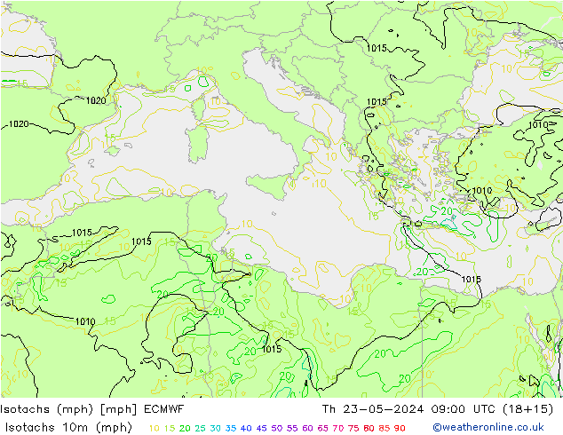 Isotachen (mph) ECMWF do 23.05.2024 09 UTC