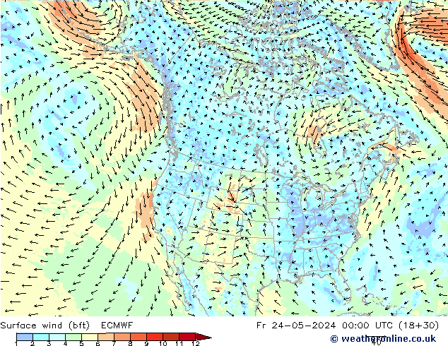 Surface wind (bft) ECMWF Pá 24.05.2024 00 UTC