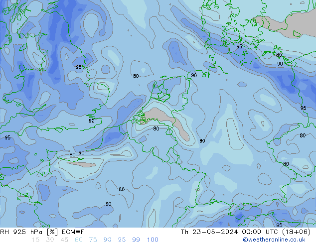 Humedad rel. 925hPa ECMWF jue 23.05.2024 00 UTC