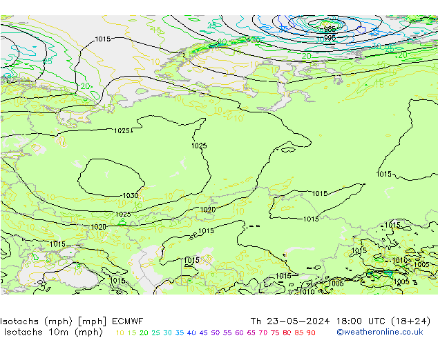 Isotachs (mph) ECMWF Th 23.05.2024 18 UTC
