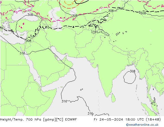 Hoogte/Temp. 700 hPa ECMWF vr 24.05.2024 18 UTC
